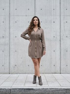Guess Taupe Zip-Front Shirt Mini Dress